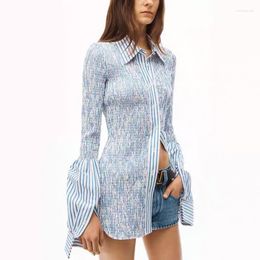 Blouses pour femmes marque rides concepteur bleu rayé chemise mince revers simple cassé hauts popeline luxe mode femmes automne 2022