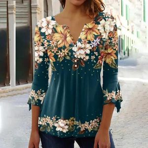 Damesblouses Ademende blouse Stijlvol V-hals Bloemenprint Pullover T-shirt met 3/4 mouwen Halve sluiting met knoopsluiting Voor de lente