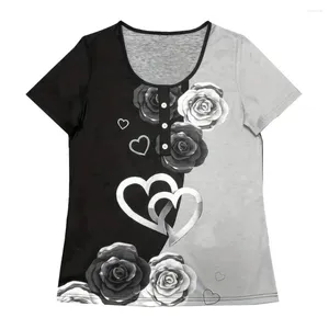 Chemisiers pour femmes T-shirt respirant Style ethnique imprimé fleuri Collection d'été col rond manches courtes hauts Henley col en V