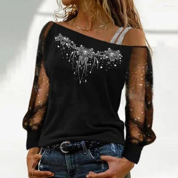 Blouses pour femmes Respirant Femmes Mesh Top Superbe Sequin Strass Blouse Sheer Patchwork Col Diagonal Plus Taille Pour L'automne