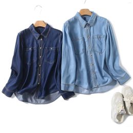 Blouses de femme Bright Silk Denim Shirt Femmes Bouton vers le haut Jeans Soft Sleeve But Bown Collar Blue Casual Loose Cotton Tops