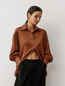 Blouses voor dames bruin eenvoudig temperament shirt voor dames 2023 Spring zomer mode casual losse lange dame kantoor lantaarn mouw