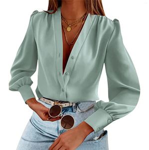 Blousses féminines Business Casual Tops Shirts en soie à manches longues V