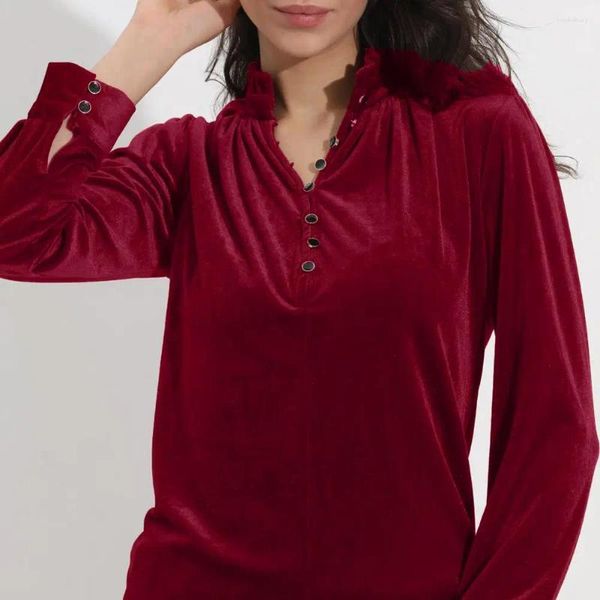 Blouses Femmes Business Top Col V Femmes Chemise Élégante Col Montant Chemisier En Velours Doré Pour Pull À Manches Longues Doux Coupe Ample