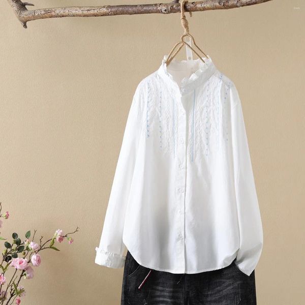 Blouses Femmes Buste 114cm Mori Girl Chemise Femmes Tops Volants Col Montant Manches Longues Broderie Coton Blanc Blouse Femme Blusas Cardigan