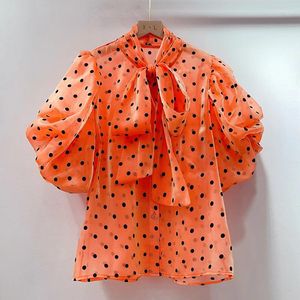 Chemisiers pour femmes col papillon chemises à manches bouffantes simple boutonnage légèrement Transparent Vintage coréen Chic imprimé à pois Blusas