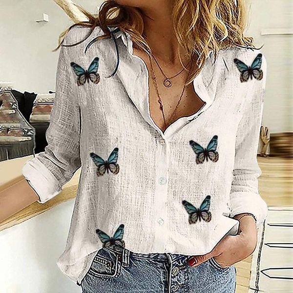 Blusas para mujeres Butterfly estampado de algodón blusa de lino con botón suelto