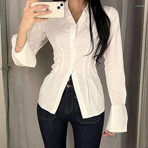 Women's Blouses Button Crop Top Ruches Full Sleeve T -shirt Draai Collar Retro Elegant Cardigans Women Koreaans korset T -shirt Y2K