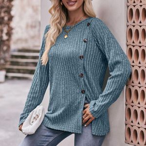 Blouses pour femmes bouton décor pull élégant boutonné ourlet fendu chemisier élégant printemps/automne haut avec Texture rayée douce