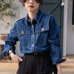 Chemisiers pour femmes Button Design Jean Blouse Femme Mode Chemises en jean Streetwear Bleu Cowboy Blusas Printemps Automne Tops à simple boutonnage Mujer
