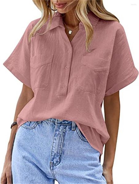 Blusas de mujer Botón Doble bolsillo Jersey Camisa de lino sólido Blusa informal de manga corta Cárdigan de verano suelto Damas