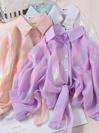 Blouses pour femmes chemise boutonnée chemises femmes demi-manches brillantes scintillantes taille nouée sexy pour l'automne 2024
