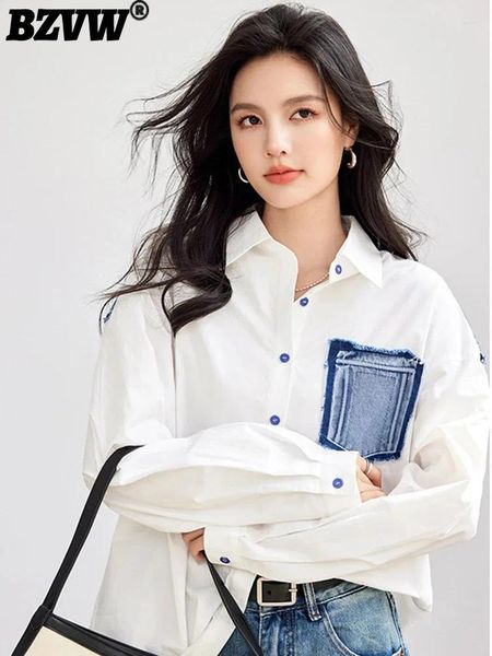 Blouses pour femmes BZVW Fashion Denim Shirt White Sleets Long Sleeves Single Breasted Contrast Colors Tops Casual 2024 Vêtements x4038