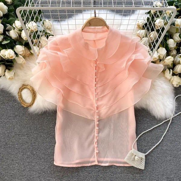 Blouses pour femmes Camisas De Mujer Stand à volants bord pure couleur unie Blouse femmes conçues style coréen Blusas perles goutte