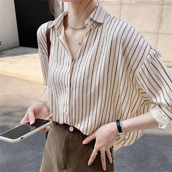 Blusas de Mujer Camisas Y Blusas Mujer estilo coreano con botones camisa de manga larga de otoño Oficina a rayas para Mujer ropa de trabajo trajes