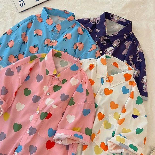 Blusas de mujer Color caramelo Forma de amor Camisa con botones gráfico para hombres Mujeres Adolescentes Kawaii Playa Suelta Casual Verano Grande 2XL Manga corta