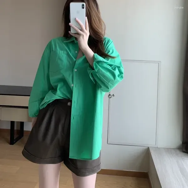 Blouses pour femmes Candy Green Shirt Retro Couleur solide Couleur à manches longues MIDI POUR FEMMES