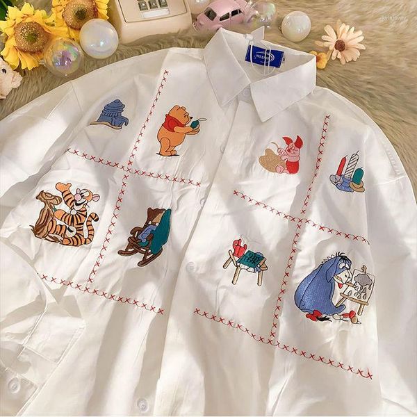 Blouses Femmes Dessin animé Animal Broderie Blanc Femmes Chemise À Manches Longues Mignon Japonais Mode Automne Lâche Bouton Occasionnel Hauts Mujer