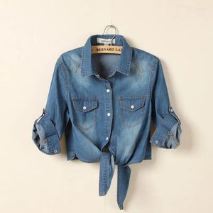 Blusas de mujer Camisas vaqueras de algodón recortadas informales para mujer Camisa con cordones de media manga de verano Blusa Vintage de moda femenina Top 2023