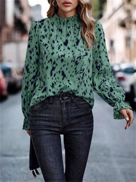 Blusas de mujer Casual elegante Top 2023 Otoño/Invierno temperamento poliéster estampado de leopardo medio cuello alto camisa suelta de manga larga