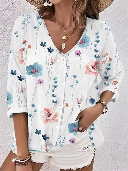 Blouses pour femmes Imprimé floral décontracté 2024 Automne à manches longues V Neck mode bouton de chemise en vrac sur les vêtements de printemps