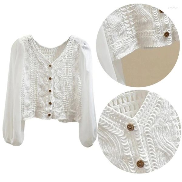 Blusas de mujer Casual ahuecado Crochets mujeres Puff manga larga de punto Cardigans camisa dulce Top corto femenino otoño