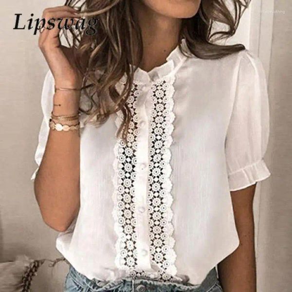 Blouses de femmes décontractées Lady Elegant Half Collar Ruffles Femmes Vintage Hollow Broidered Match Tops Shirts Summer Summer Short Sleeve Blusa