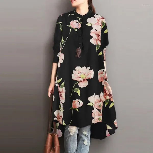 Blusas de mujer Casual de manga larga sueltas Tops Vintage Floral impreso primavera hasta la rodilla blusa bohemia túnica vacaciones Top