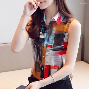 Women's Blouses Casual Loose Shirt Summer Mouwess Chiffon Blouse For Women Fashion Turn Down Collar Gedrukte Tops Lady Cloths 9456 50