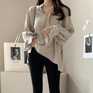 Blouses pour femmes Casual lâche femmes vêtements automne couleur unie hauts Style coréen bureau dame en mousseline de soie Blouse mode col en v chemise Blusas 30324