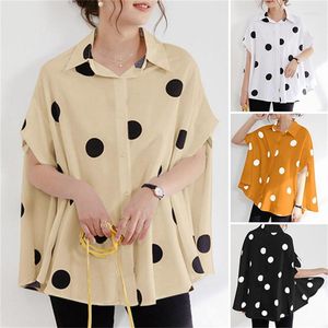 Vrouwen Blouses Casual Polka Dot Print Losse Top Vrouwen Mode Button Front Korte Mouw Blouse 2023 Oversized Bohemian Revers shirt