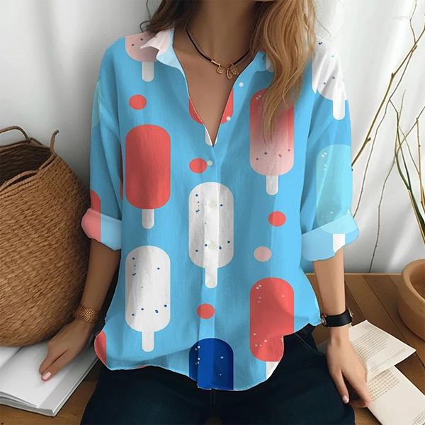 Chemisiers pour femmes décontracté Popsicle impression 3D chemise à manches longues simple boutonnage col rabattu chemises féminines mode hauts amples