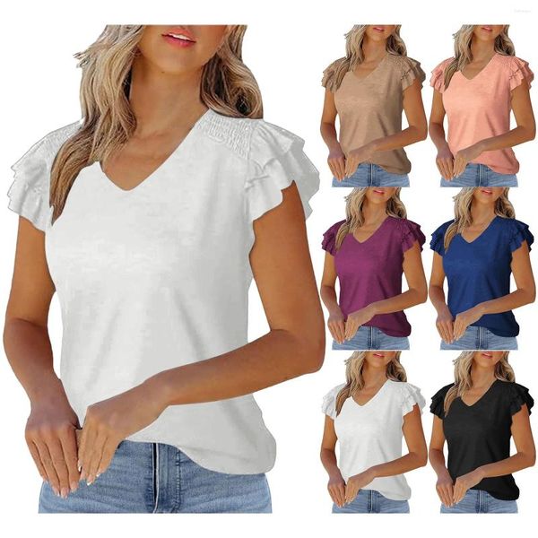 Blusas de mujer Tops casuales de manga corta con volantes Camisas 4x para mujer de color sólido lindo Túnica sexy Ver túnicas