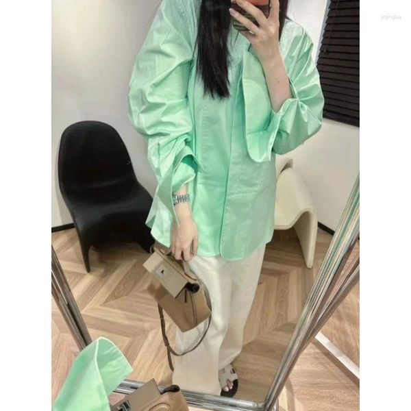 Chemise décontractée de chemisiers pour femmes 2024 Version coréenne automne mode Lazy Style Loose Mint Green Solid Top Coat Blouse Femme A10400