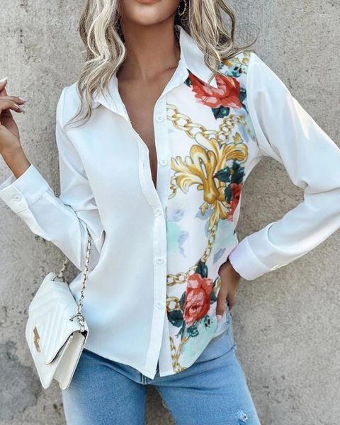 Blusas de mujer Camisa casual 2024 Moda de primavera Estampado de cadena floral Top abotonado Cuello vuelto Manga larga