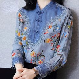 Blusas de mujer, camisa informal, Tops de primavera y otoño, botones de placa Retro, cuello levantado, retazos de flores, camisa de seda de imitación para mujer