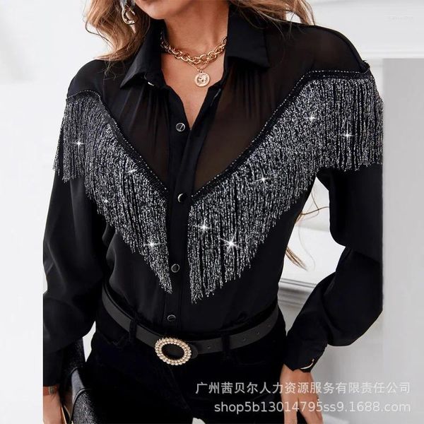 Blouses pour femmes Chemises décontractées Top Fashion Tendance à simple boutonnage Col roulé Laine Femmes À manches longues Glands Noir Dance Party Shirt