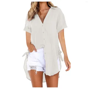 Blouses Femmes Casual Manches Courtes Chemises Lâches Femmes Mode Coton Lin Et Tops Vintage Streetwear Bouton Surdimensionné Tunique Top Tee