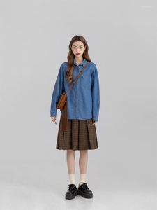 Blouses pour femmes décontracté couleur unie printemps automne mode chemise sauvage hauts femmes chemisier en jean à manches longues bleu foncé revers simple boutonnage