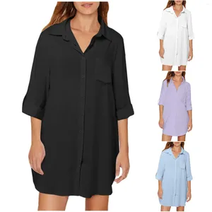 Blusas de mujer, camisa informal lisa con botones en la cintura y bolsillo, blusa para mujer con solapa, camiseta lisa de manga larga para mujer, Primavera Verano 2024