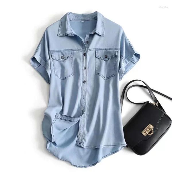 Blans pour femmes tournure à collier courte à manches courtes en denim 2024 Tops d'été Pocket Blue Blut T-shirt Blusas 27760