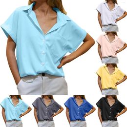 Chemisiers pour femmes décontracté col en V couleur unie chemises boutonnées hauts à manches courtes pour les femmes Streetwear surchemise Vintage élégant