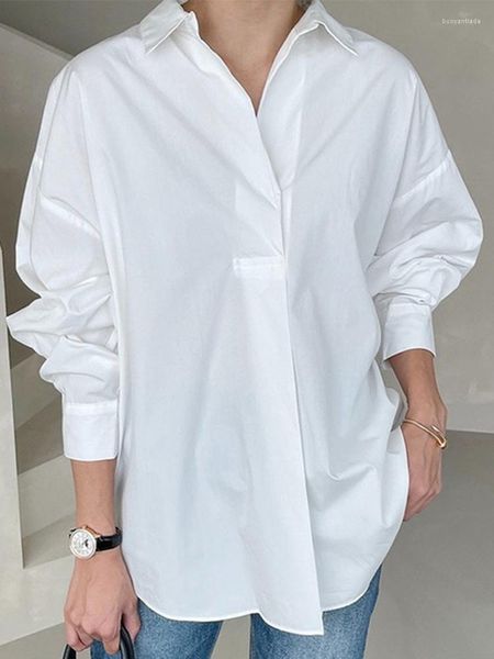 Blusas de mujer, camisa holgada blanca informal para mujer, solapa de manga larga, ropa de moda minimalista sólida para mujer, estilo primavera 2023 N831