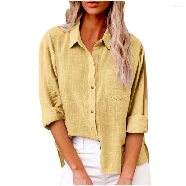 Blouses Femmes Casual Femmes Chemise 2024 Automne Lâche Patchwork Poches À Manches Longues Simple Boutonnage Simple Chemises Bureau Tops Basiques