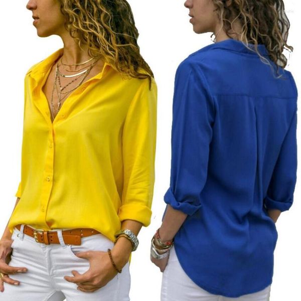 Blusas de mujer Blusa de verano informal para mujer Blusa de manga larga con cuello vuelto Paquete de camisa abierta Caderas Color sólido Top de gasa
