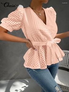 Damesblouses Celmia 2024 Mode Blouse met pofmouwen V-hals Dames Kantoor Dame Vintage overhemd Doorzichtige geruite bandage Sexy gewikkeld tops