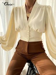 Blusas para mujer Celmia Mujeres Camisas vintage francesas Elegante Puff Manga Tops cortos 2024 Botones de otoño Sexy V Cuello Color Sólido Chic Blusa