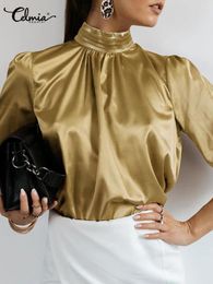Blouses Femmes Celmia Femmes Satin Blouse 2024 Mode Tunique élégante Slik Tops Automne Solide Col Haut Chemise À Manches Longues Fête Blusas