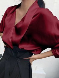 Blouses pour femmes Celmia femmes Satin Slik Blouse 2023 Sexy col en V à manches longues chemise élégant solide hauts mode fête bureau dame Blusas