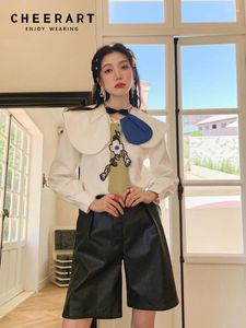 Damesblouses CHEERART Designer Wit Lange mouw Leuk overhemd voor dames Stropdas Patchwork Blouse Koreaanse mode Top Herfst 2024 Herfst